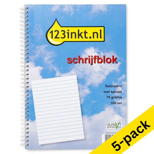 123ink A4 lined spiral writing pad, 70g, 100 sheets (5 x 5-pack)  300570 - 1