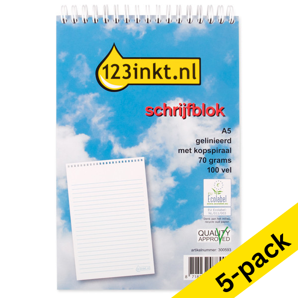 123ink A5 spiral-head ruled writing pad, 100 sheets (5-pack)  300594 - 1