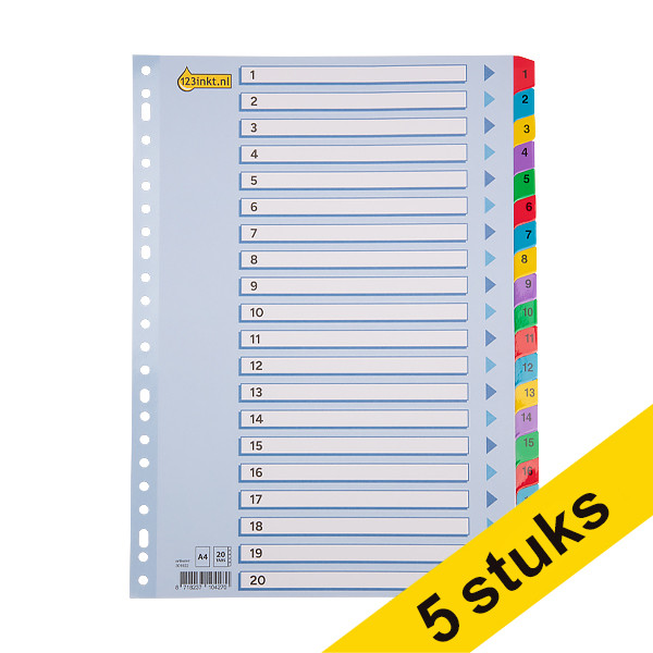 123ink coloured A4 cardboard indexes with 1-20 (23 holes) (5-pack)  301713 - 1