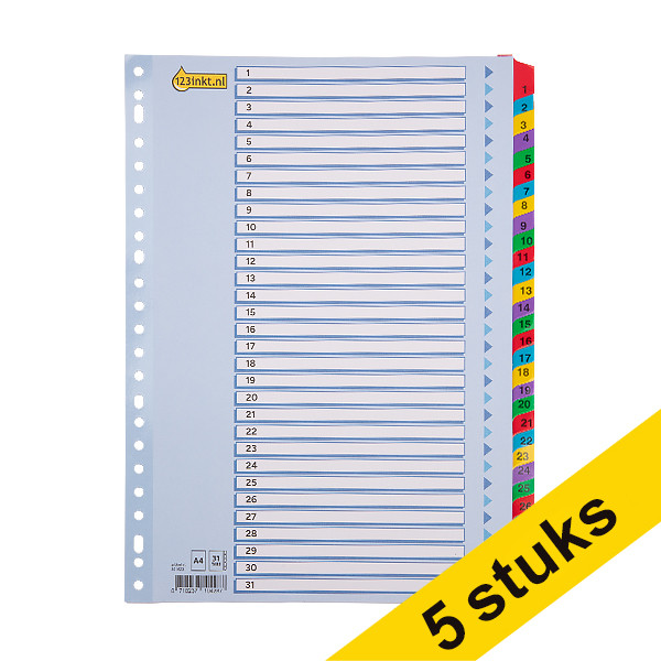 123ink coloured A4 cardboard indexes with 1-31 (23 holes)(5-pack)  301714 - 1