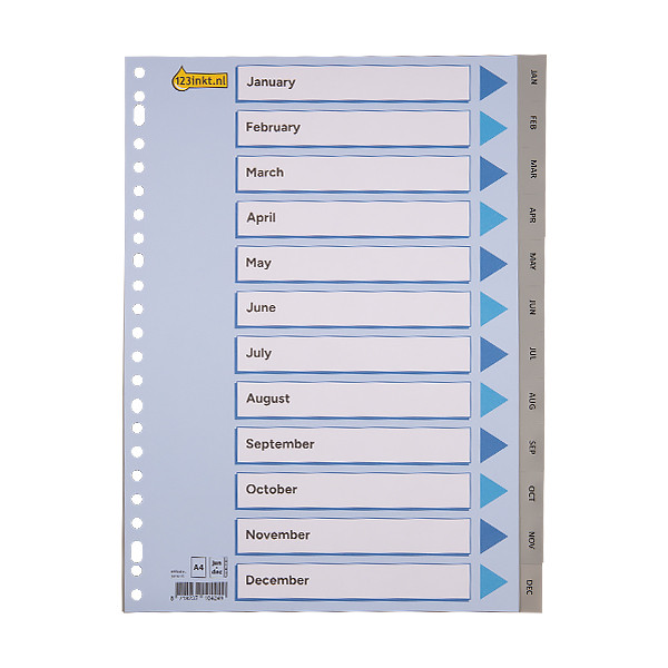 123ink grey A4 plastic tabs with 12 month indexes (23 holes) 100114C 301619 - 1