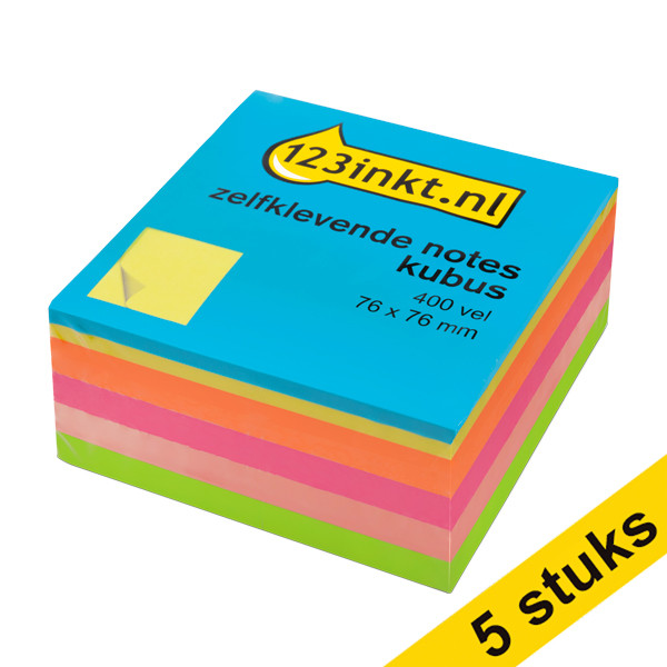 5 x 123ink neon mix adhesive notes cube, 400 sheets, 76mm x 76mm  301077 - 1