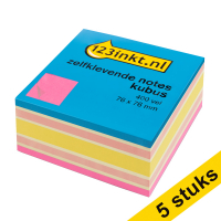 5 x 123ink neon pink adhesive notes cube, 400 sheets, 76mm x 76mm