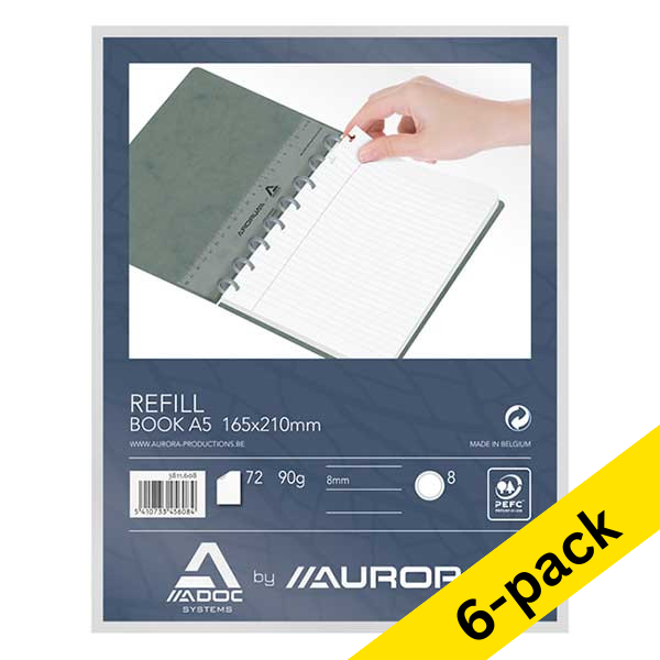 Aurora Adoc A5 lined notebook refill, 72 sheets (6-pack)  330112 - 1