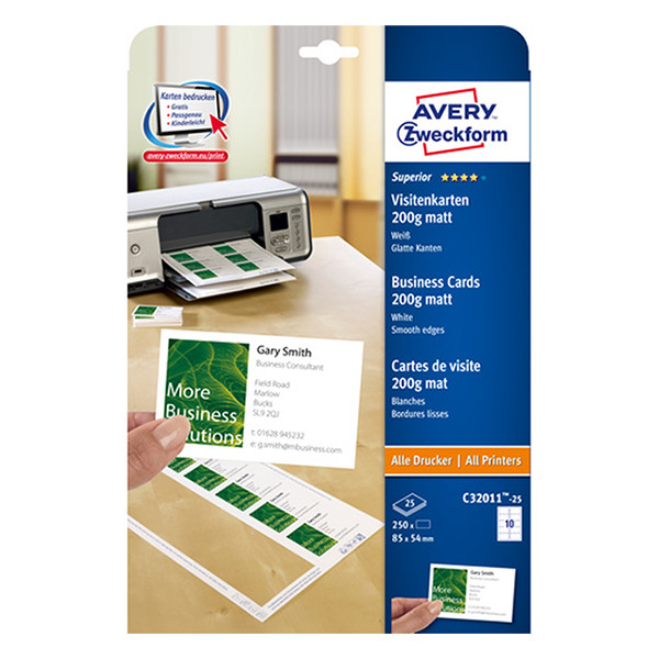 AveryC32011-25 matte white business cards, 85mm x 54mm (250-pack) C32011-25 212782 - 1