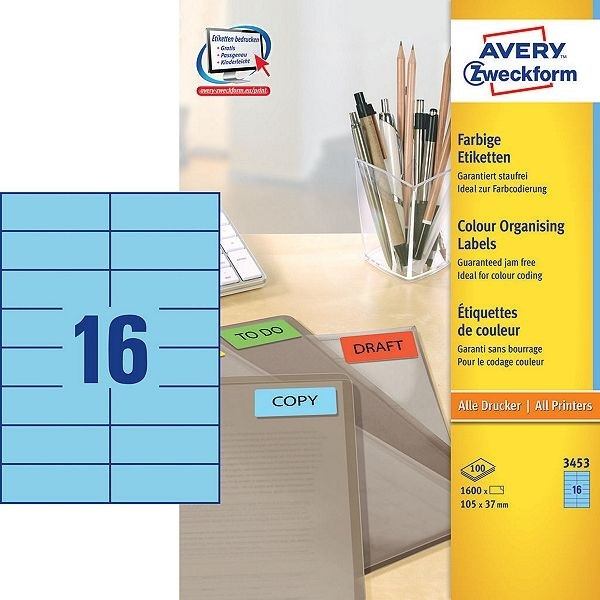 Avery 3453 multi-purpose labels 105 x 37 mm blue (1600 labels) 3453 212090 - 1