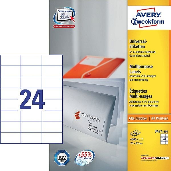 Avery 3474-200 white multi-purpose, 70mm x 37mm (4800 labels) 3474-200 212474 - 1