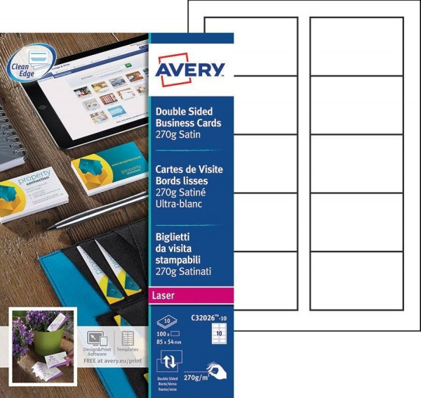 Avery C32026-10 semi-gloss matte white business cards, 85mm x 54mm (100-pack) 212790 Avery C32026-10 semi-gloss matte white business cards, 85mm x 54mm (100-pack) 212790 - 1