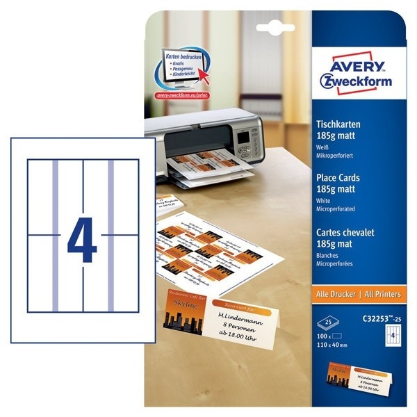 Avery C32253-25 white tent cards, 40mm x 110mm (100-pack) C32253-25 212775 - 1