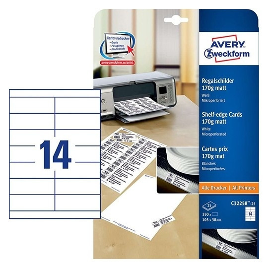 Avery C32258-25 white shelf cards, 38mm x 105mm (350-pack) C32258-25 212795 - 1