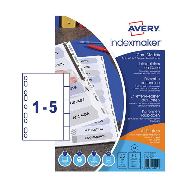 Avery IndexMaker white A4 printable cardboard tabs with 5 tabs (9-holes) 01810061 212821 - 1