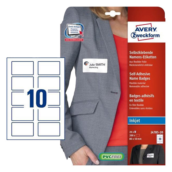 Avery J4785-20 self-adhesive name badge labels 50x80 mm (200 labels) AV-J4785-20 212686 - 1