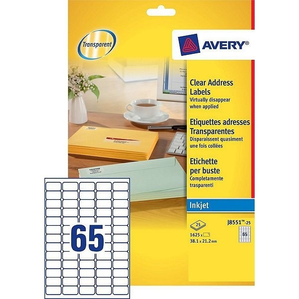 Avery J8551-25 transparent labels, 38.1mm x 21.2mm (1625 labels) J8551-25 212638 - 1