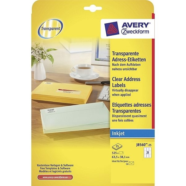 Avery J8560-25 transparent labels 63.5mm x 38.1mm (525 labels) J8560-25 212542 - 1