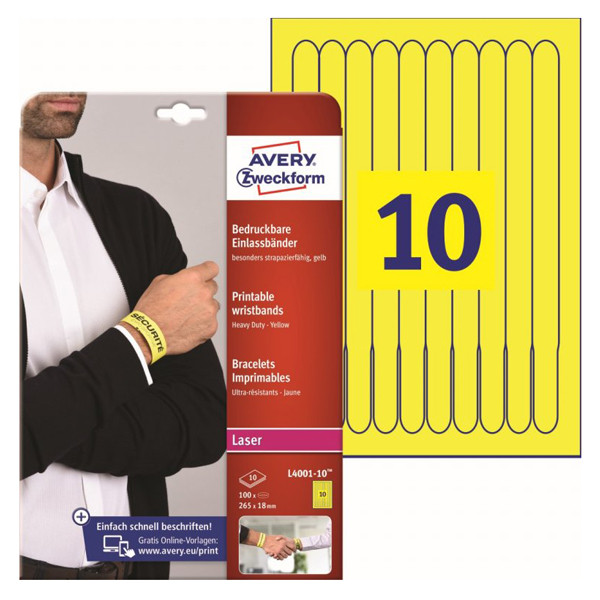 Avery L4001-10 yellow wristbands, 265 x 18mm (100 pack) L4001-10 212469 - 1