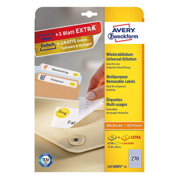 Avery L4730-25 white multifunctional labels, 17.8mm x 10mm (6750-pack) L4730REV-25 212572 - 1