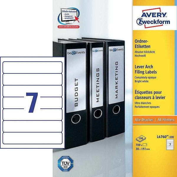 Avery L4760-100 white binder spine labels, 192mm x 38mm (700 labels) L4760-100 212516 - 1