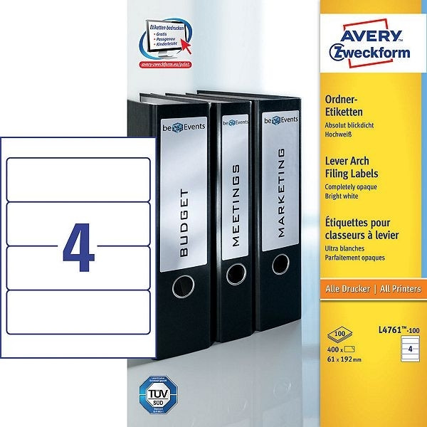 Avery L4761-100 white file spine labels, 192mm x 61mm (400 labels) L4761-100 212112 - 1