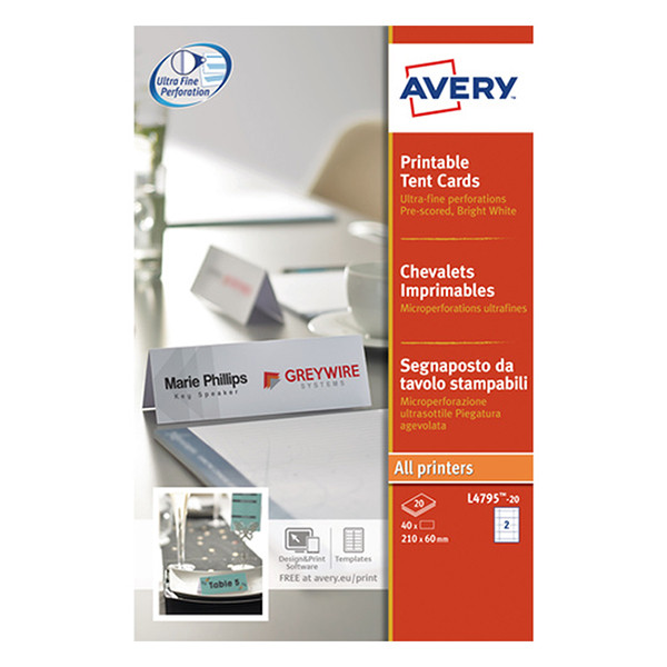 Avery L4795-20 white tent cards, 180mm x 60mm (40-pack) L4795-20 212774 - 1