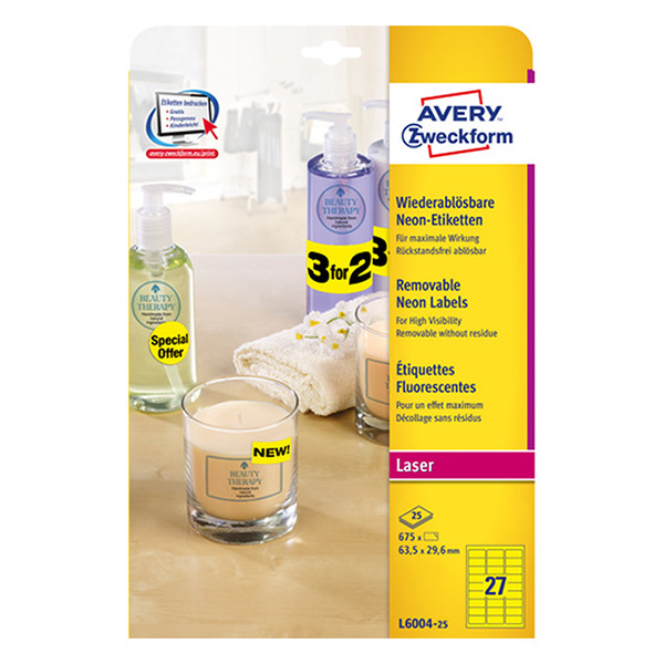 Avery L6004-25 yellow labels, 63,5mm x 29,6mm (675 labels) L6004-25 212759 - 1