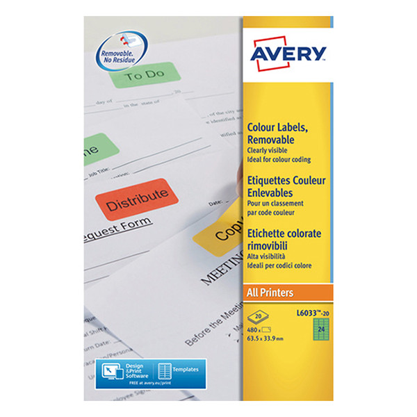 Avery L6033-20 green labels, 63.5mm x 33.9mm (480 labels) L6033-20 212755 - 1