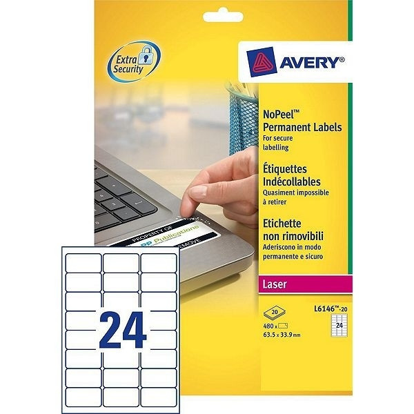 Avery L6146-20E no-peel labels, 63.5mm x 33.9mm (480-pack) L6146-20E 212444 - 1