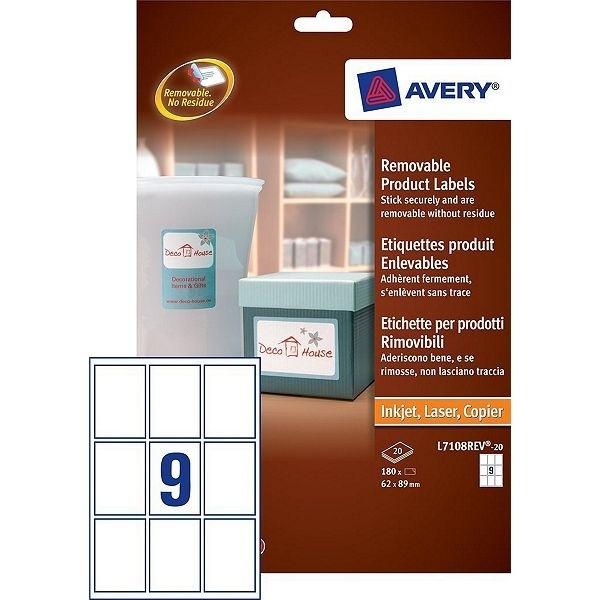 Avery L7108REV-20 removable rectangular product labels 62mm x 89mm (180 labels) L7108REV-20 212616 - 1