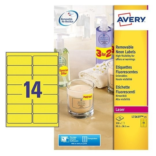 Avery L7263Y-25 yellow labels, 99.1mm x 38.1mm (350 labels) L7263Y-25 212752 - 1