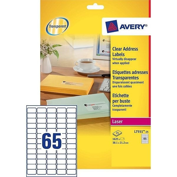 Avery L7551-25 transparent labels, 38.1mm x 21.2mm (1625 labels) L7551-25 212641 - 1