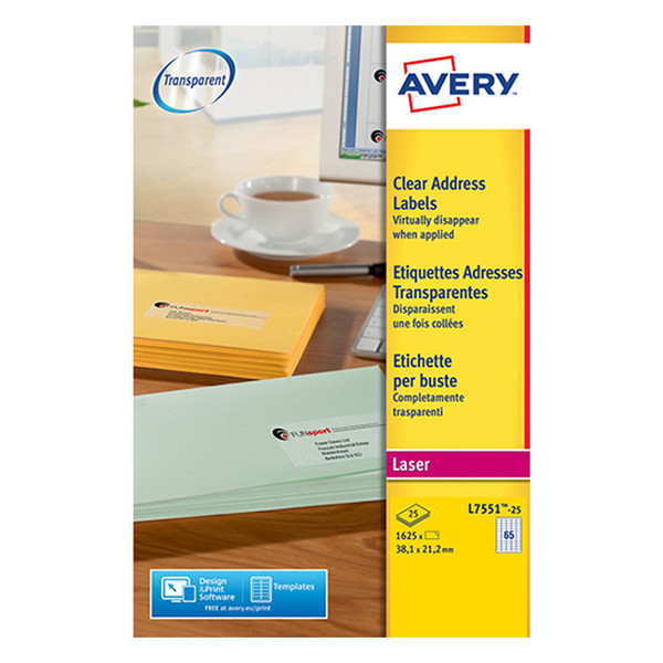 Avery L7551-25 transparent labels, 38.1mm x 21.2mm (1625 labels) L7551-25 212641 - 1