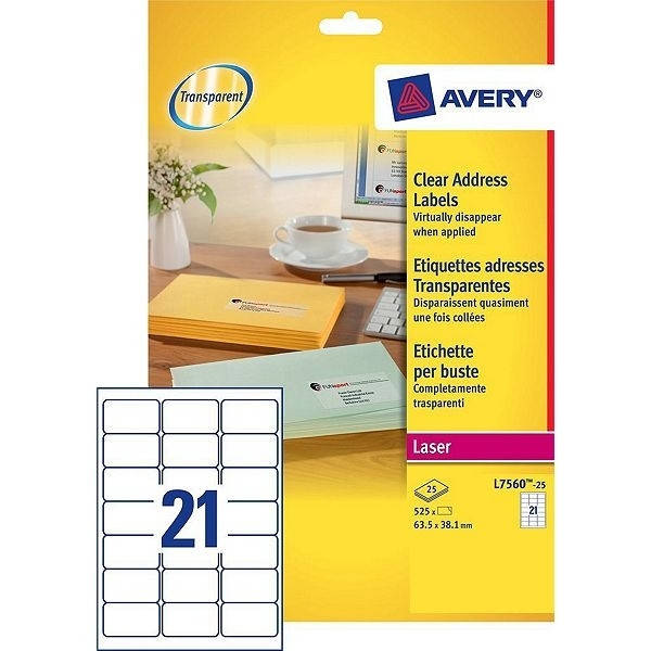 Avery L7560-25 transparent labels, 63.5mm x 38.1mm (525 labels) L7560-25 212540 - 1