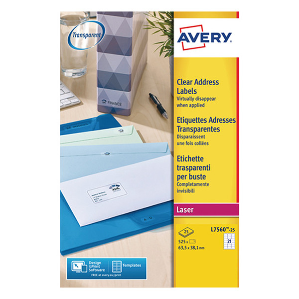 Avery L7560-25 transparent labels, 63.5mm x 38.1mm (525 labels) L7560-25 212540 - 1