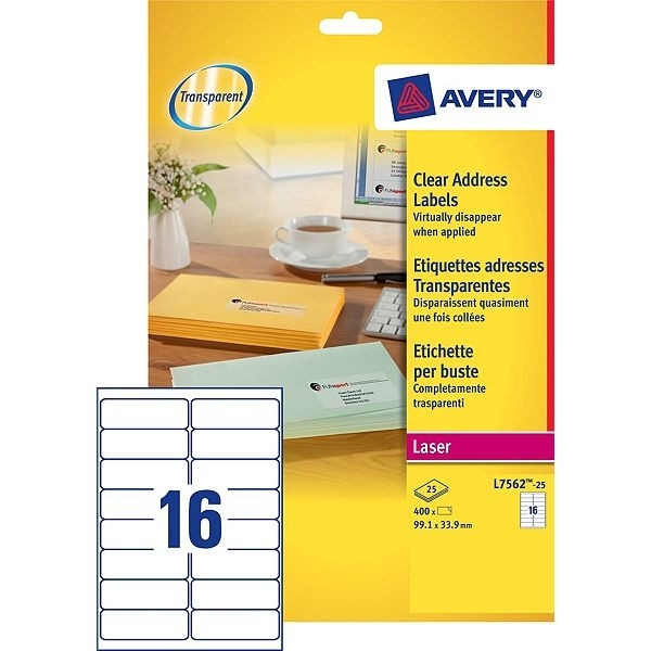 Avery L7562-25 labels transparent, 99.1mm x 33.9mm (400 labels) L7562-25 212546 - 1