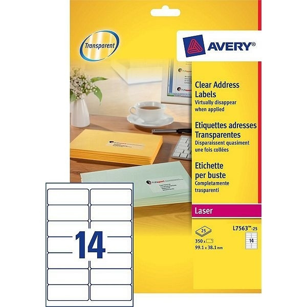 Avery L7563-25 transparent labels 99.1mm x 38.1mm (350 labels) L7563-25 212550 - 1