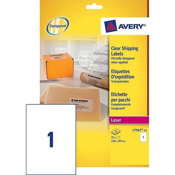 Avery L7567-25 transparent labels, 210mm x 297mm (25 labels) L7567-25 212558 - 1