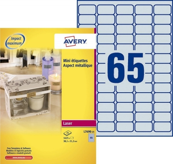 Avery L7690-25 metallic labels, 38.1mm x 21.2mm (1625 labels) L7690-25 212764 - 1