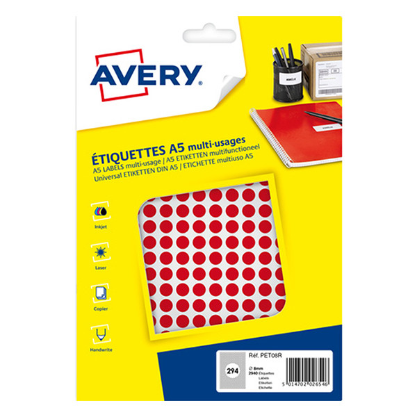 Avery PET08R red marking dots, Ø 8mm (2,940 labels) AV-PET08R 212706 - 1