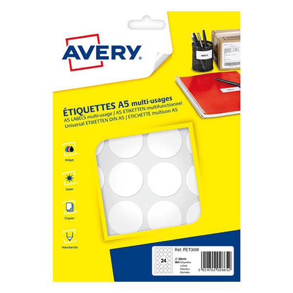 Avery PET30W white marking dots, Ø 30mm (240 labels) AV-PET30W 212726 - 1