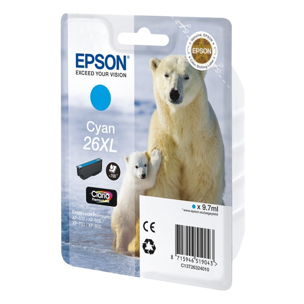 Epson 26XL (T2632) high capacity cyan ink cartridge (original Epson) C13T26324010 C13T26324012 026512 - 1