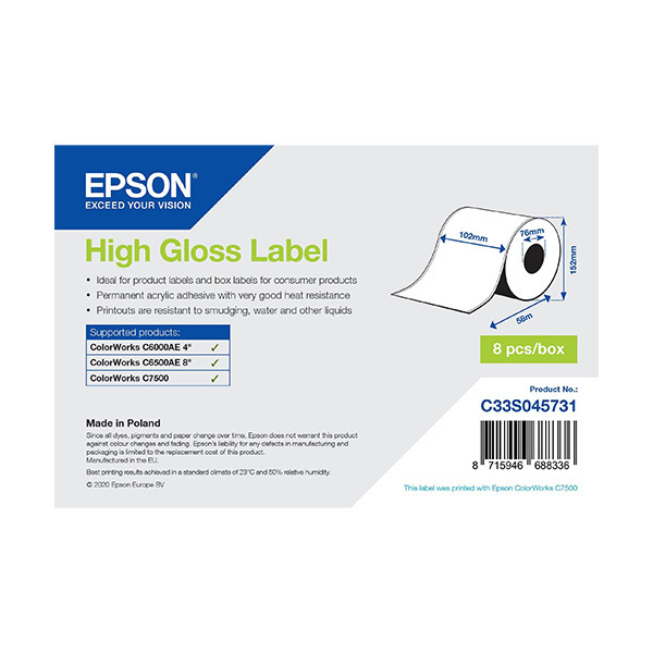 Epson C33S045731 high gloss continuous label roll, 102mm x 58m (original Epson) 083624 Epson C33S045731 high gloss continuous label roll, 102mm x 58m (original Epson) 083624 - 1
