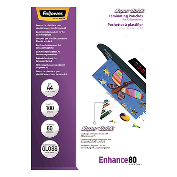 Fellowes SuperQuick A4 glossy laminating pouch, 2x80 micron (100-pack) 5440001 213387 - 2