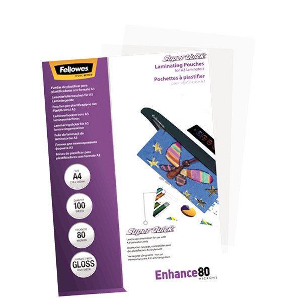 Fellowes SuperQuick A4 glossy laminating pouch, 2x80 micron (100-pack) 5440001 213387 - 4