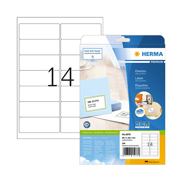 Herma Premium 5076 white permanent adhesive address labels, 99.1mm x 38.1mm (350 labels) 230407 Herma Premium 5076 white permanent adhesive address labels, 99.1mm x 38.1mm (350 labels) 230407 - 1