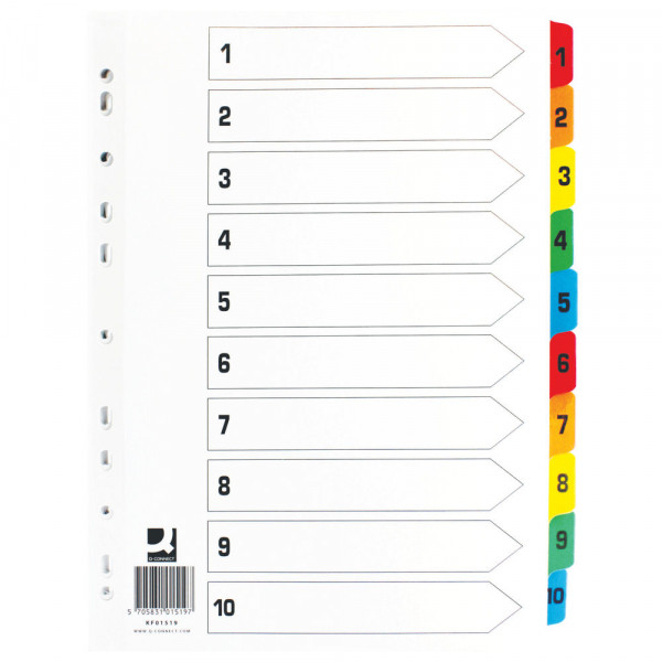 Q-Connect KF01519 white/coloured A4 cardboard tabs with indexes 1-10 (11 holes) KF01519 235213 - 1