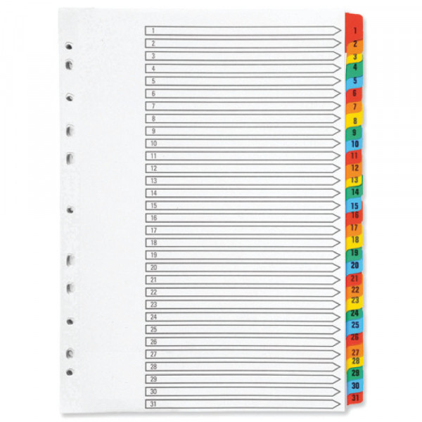 Q-Connect KF01522 white/coloured A4 cardboard tabs with indexes 1-31 (11 holes) KF01522 500596 - 1